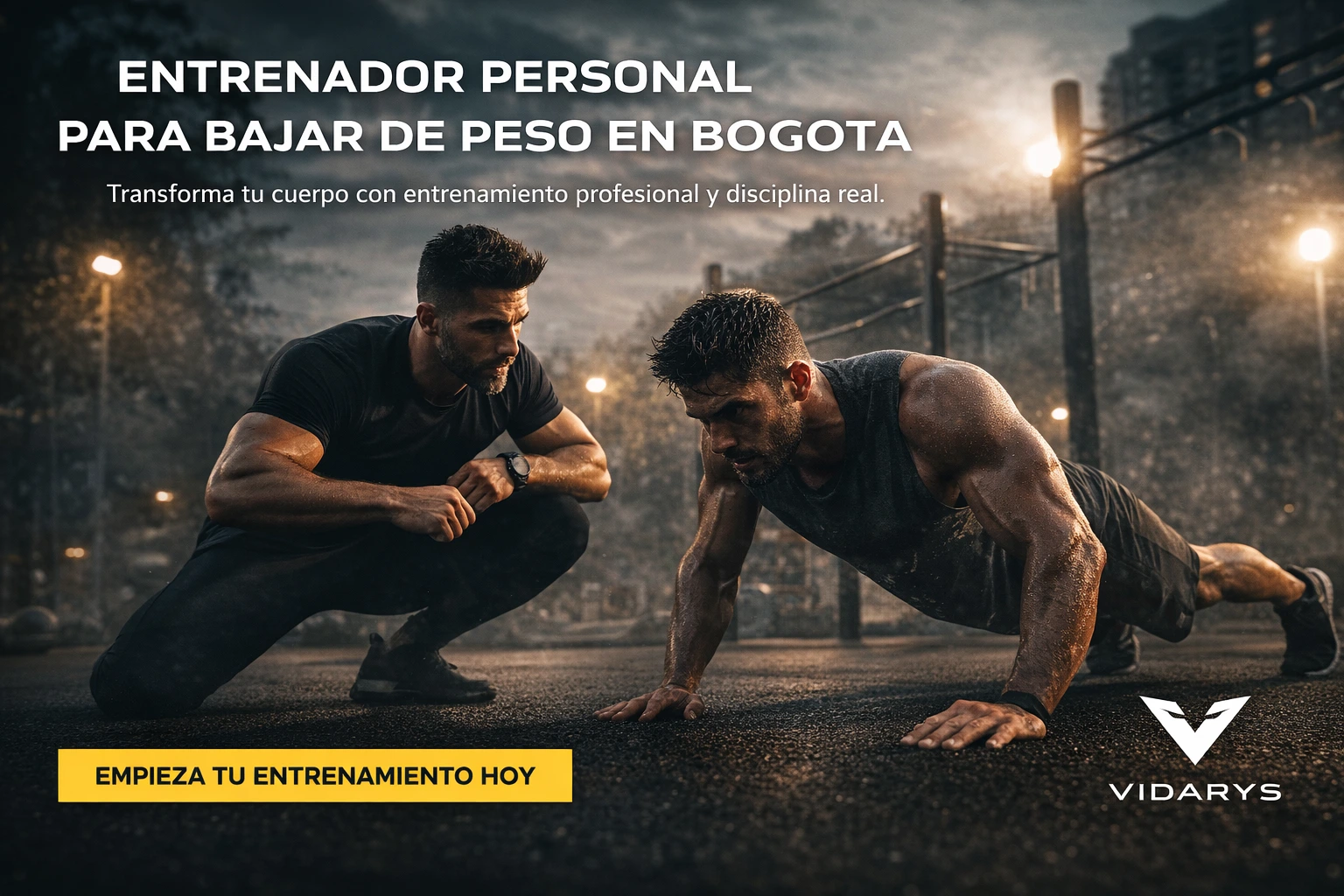 entrenador personal en Bogotá guiando entrenamiento personalizado de fuerza con cliente
