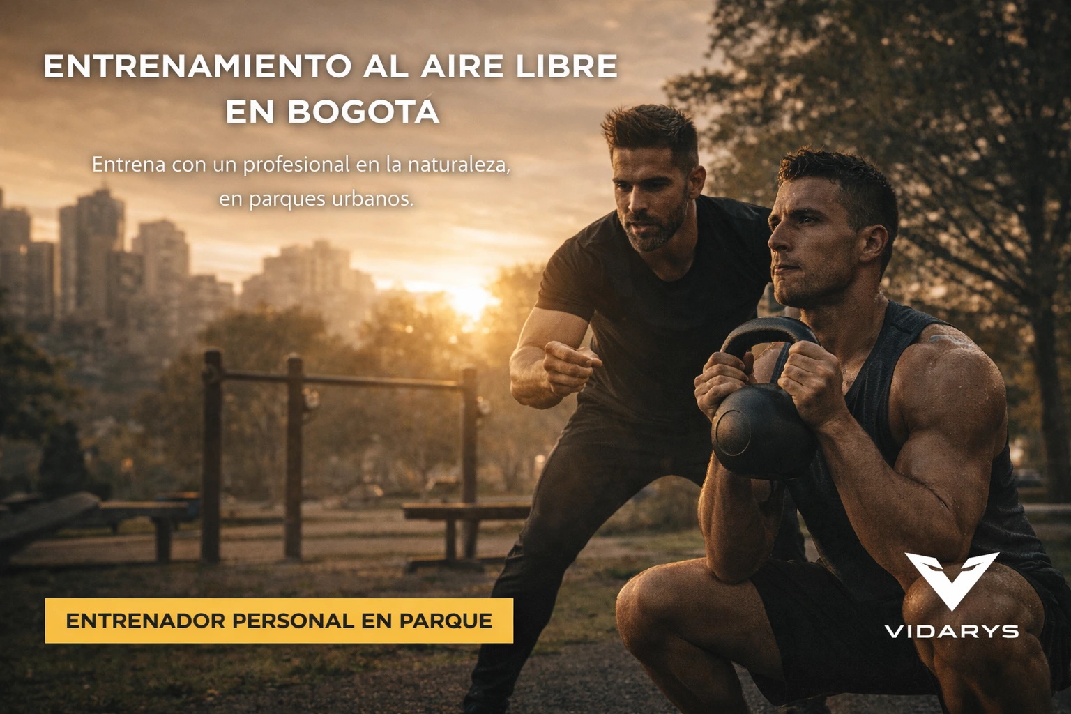 entrenador personal en parque de Bogotá guiando entrenamiento con kettlebell al aire libre